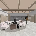 Modern Clothing Store Interior With Wooden Ceiling Beams White Marble Flooring And Circular Seating Area