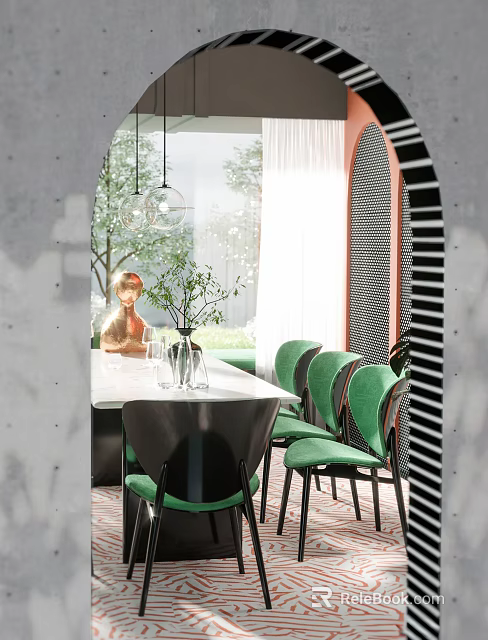 Elegant Restaurant Interior With Arched Design Hanging Lights Green Chairs And White Dining Table 3d model 
