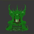Ornate Black Throne With Red Cushion Horned Design Metal Carvings And Small Pink Pig Figurine