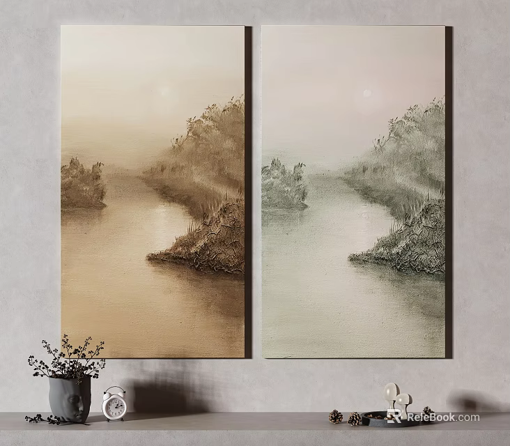 Two Panel Landscape Paintings With Misty River And Riverside Trees 3d model