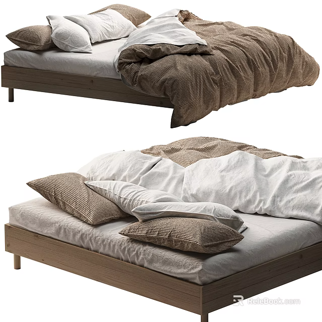 Modern Double Bed With Wooden Frame Brown White Linen Duvet And Cozy Pillows 3d model 
