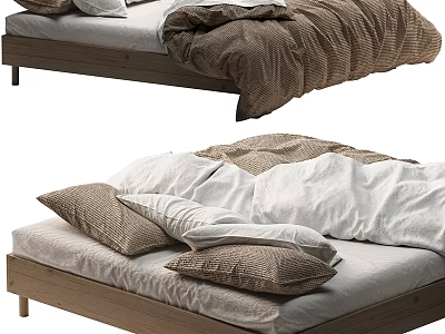 Modern Double Bed With Wooden Frame Brown White Linen Duvet And Cozy Pillows 3d model