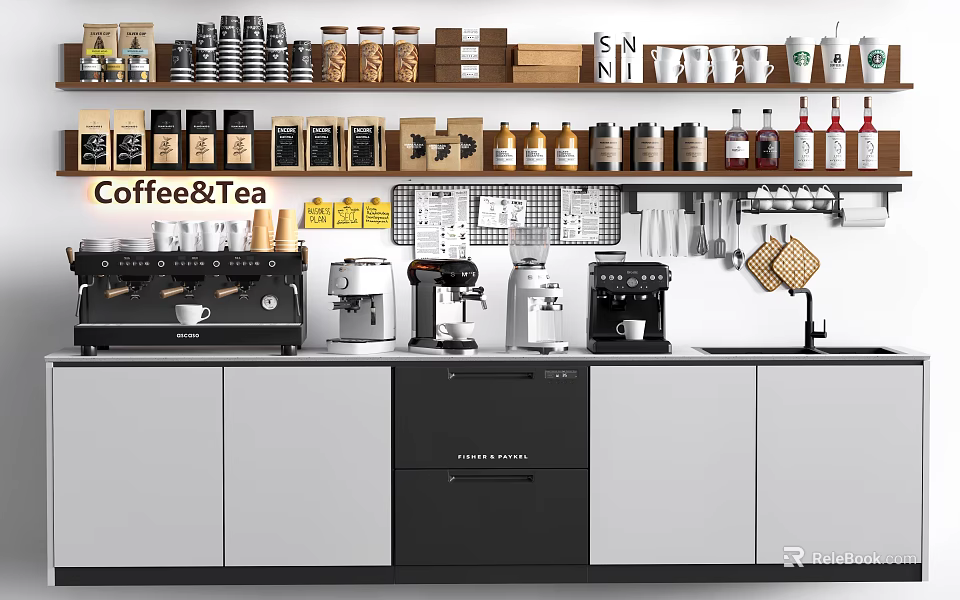 Cafe Bar Interior With Coffee Machines Coffee Tea Cups And Bean Jars On Shelves 3d model 
