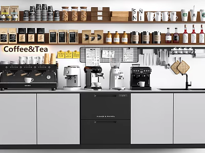 Cafe Bar Interior With Coffee Machines Coffee Tea Cups And Bean Jars On Shelves 3d model