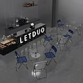 LETDUO Dessert Shop Interior With Modern Counter Dessert Display Blue Transparent Chairs And Round Tables