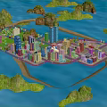 Cartoon Island City Scene With Tall Buildings Green Hills And Blue Surrounding Water