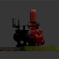 Red And Black Industrial Pump Equipment Featuring Valves Pipes On Green Base