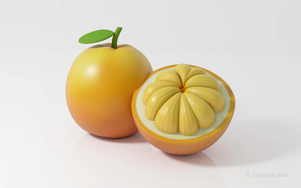Fresh Ripe Yellow Fruit With Green Leaf Whole And Cut Open Showing Segments 3d model 
