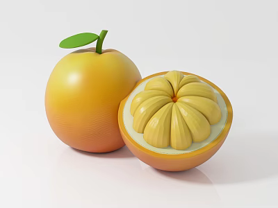 Fresh Ripe Yellow Fruit With Green Leaf Whole And Cut Open Showing Segments 3d model