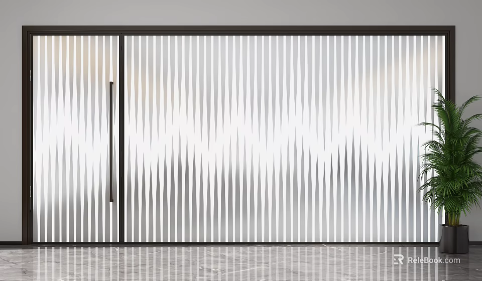 Modern Sliding Glass Partition With Vertical Striped Design Metal Frame And Plant 3d model 