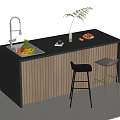 Bar Counter with Black Countertop Wooden Slats Fresh Fruits Green Plant and Bar Stools