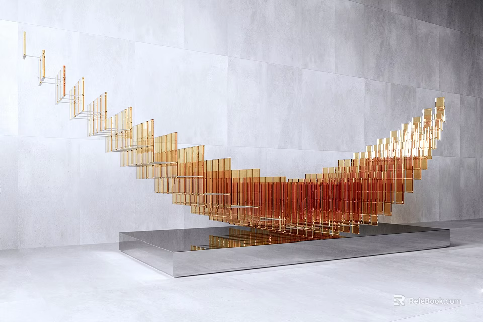 Wing Shaped Sculpture With Golden Orange Strips On Silver Base And Gray Wall 3d model 