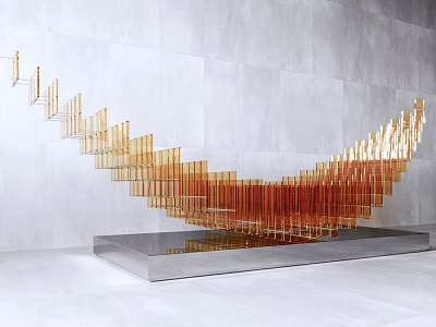 Wing Shaped Sculpture With Golden Orange Strips On Silver Base And Gray Wall 3d model
