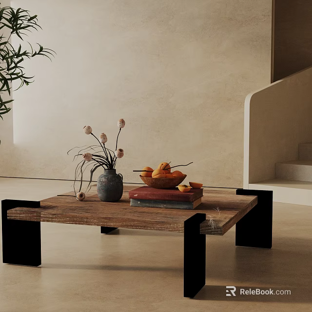 Modern Sofa And Coffee Table Set Featuring Wooden Tabletop Black Legs Vase Dried Flowers Books 3d model 