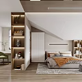 Modern Bedroom Interior With Wooden Floor Bookshelves Wardrobe Chair And Decorative Rug