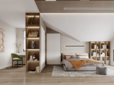 Modern Bedroom Interior With Wooden Floor Bookshelves Wardrobe Chair And Decorative Rug 3d model