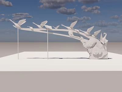 Garden Ornament With White Bird Sculptures In Flying Formation And Cloud Motifs 3d model
