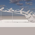 Garden Ornament With White Bird Sculptures In Flying Formation And Cloud Motifs