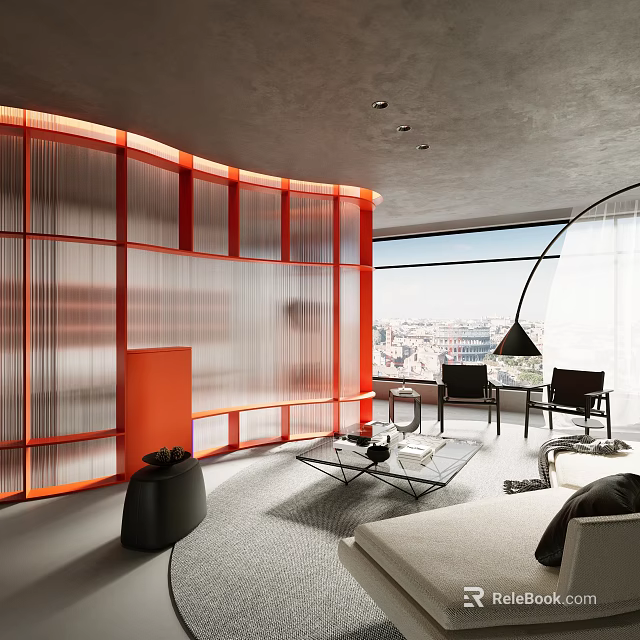 Modern Living Room With Curved Red Partition Large Window City View And Furniture 3d model 