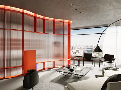 Modern Living Room With Curved Red Partition Large Window City View And Furniture 3d model