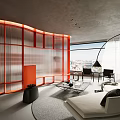 Modern Living Room With Curved Red Partition Large Window City View And Furniture