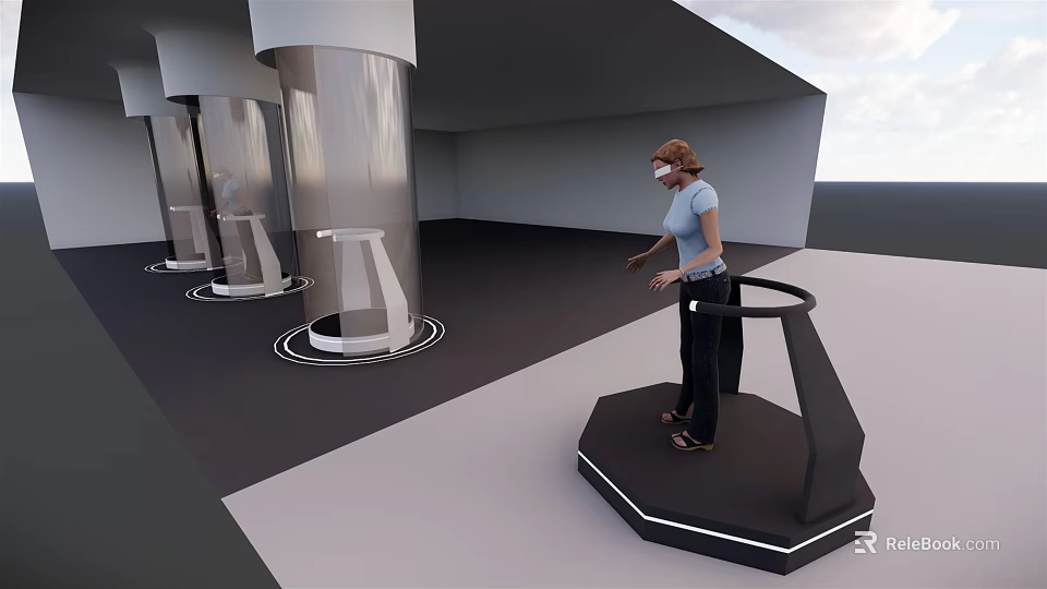 Smart Machines With Silver Cylindrical Bodies And Hexagonal Interactive Platform In Modern Setting 3d model