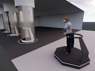 Smart Machines With Silver Cylindrical Bodies And Hexagonal Interactive Platform In Modern Setting 3d model