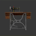Industrial Sewing Machine on Wooden Table with Drawers and Metal Stand Black Body Red Accents 3d model