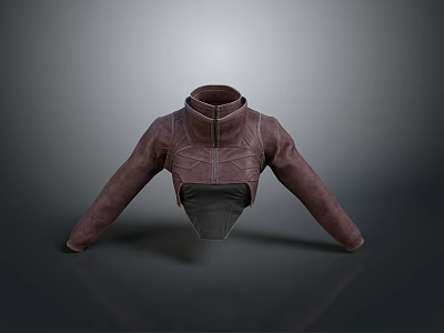 Dark Brown Cropped Leather Jacket With Zipper Design And Black Inner Lining 3d model