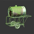 Rusted Red And Green Oil Drum On Metal Cart With Wheels And Stand Structure