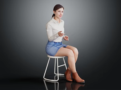 Woman In White Shirt And Blue Denim Skirt Sitting On White Stool With Brown Boots 3d model