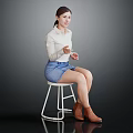 Woman In White Shirt And Blue Denim Skirt Sitting On White Stool With Brown Boots