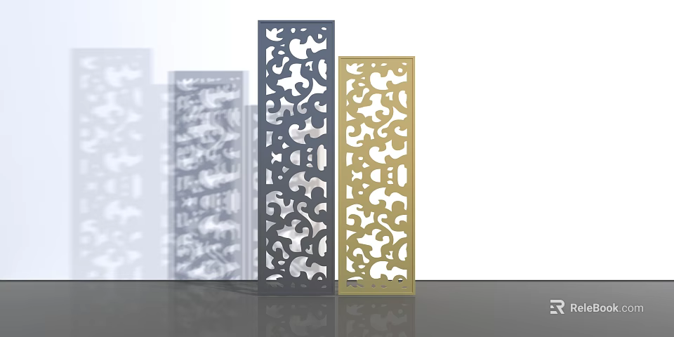 Carved Decorative Screens in Gray and Gold with Intricate Patterns 3d model 