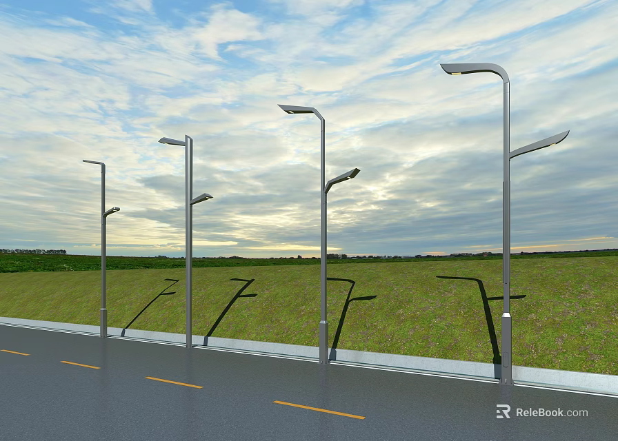 Modern Outdoor Street Lights Along Road With Green Grass And Clear Sky 3d model 