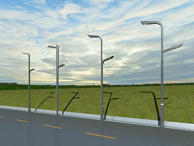 Modern Outdoor Street Lights Along Road With Green Grass And Clear Sky 3d model