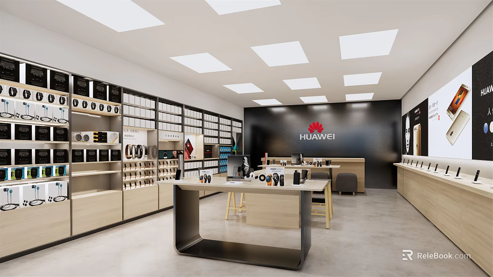 Modern Digital Store Featuring HUAWEI Smartphones Accessories Display Shelves and Bright Interior 3d model 