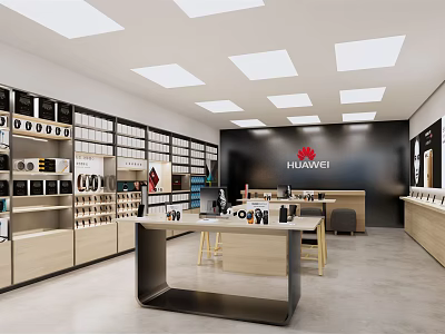Modern Digital Store Featuring HUAWEI Smartphones Accessories Display Shelves and Bright Interior 3d model