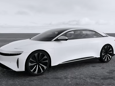 White Electric Sedan With Sleek Aerodynamic Design On Open Coastal Road Under Cloudy Sky 3d model