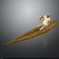 Traditional Wooden Boat With Person Rowing Using Oar On Calm Water