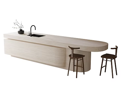 Light Wood Modern Bar Counter With Faucet Sink And Dark Bar Stools 3d model