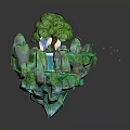 3D Fantasy Landscape With Floating Island Green Trees Blue Water And Rocks