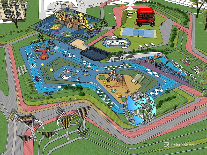 Children's Play Area With Slide Water Pool Fire Truck Sandpit Globe Structure Green Lawn Pathways 3d model 
