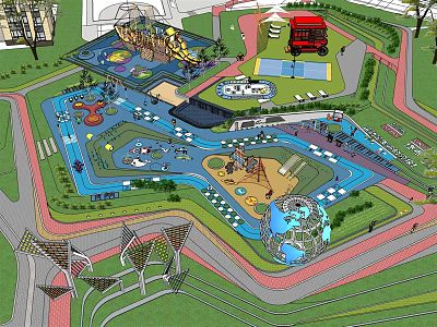 Children's Play Area With Slide Water Pool Fire Truck Sandpit Globe Structure Green Lawn Pathways 3d model