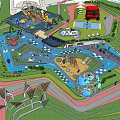 Children's Play Area With Slide Water Pool Fire Truck Sandpit Globe Structure Green Lawn Pathways