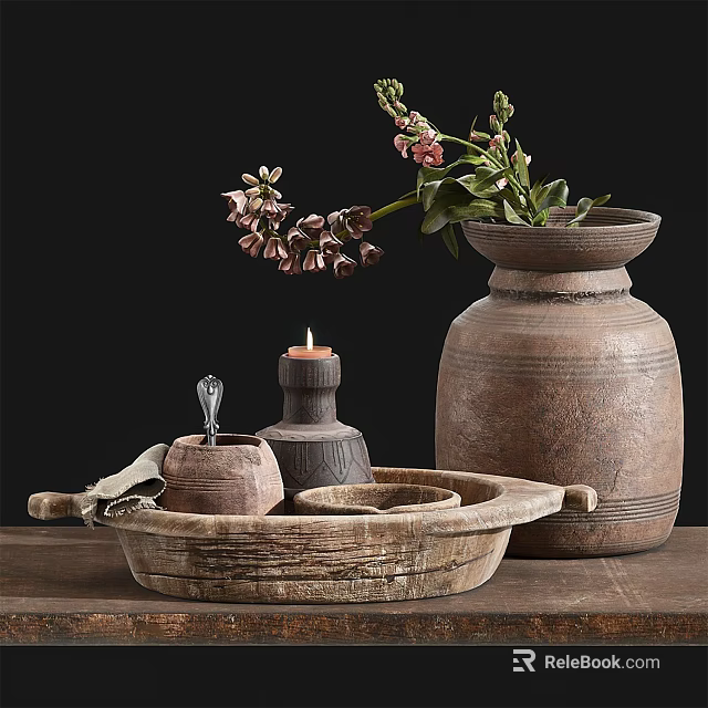 Hand Carved Terracotta Vase And Wooden Tray With Decorative Flowers And Candle 3d model 