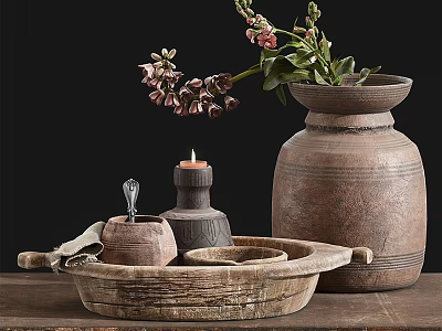 Hand Carved Terracotta Vase And Wooden Tray With Decorative Flowers And Candle 3d model