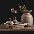 Hand Carved Terracotta Vase And Wooden Tray With Decorative Flowers And Candle