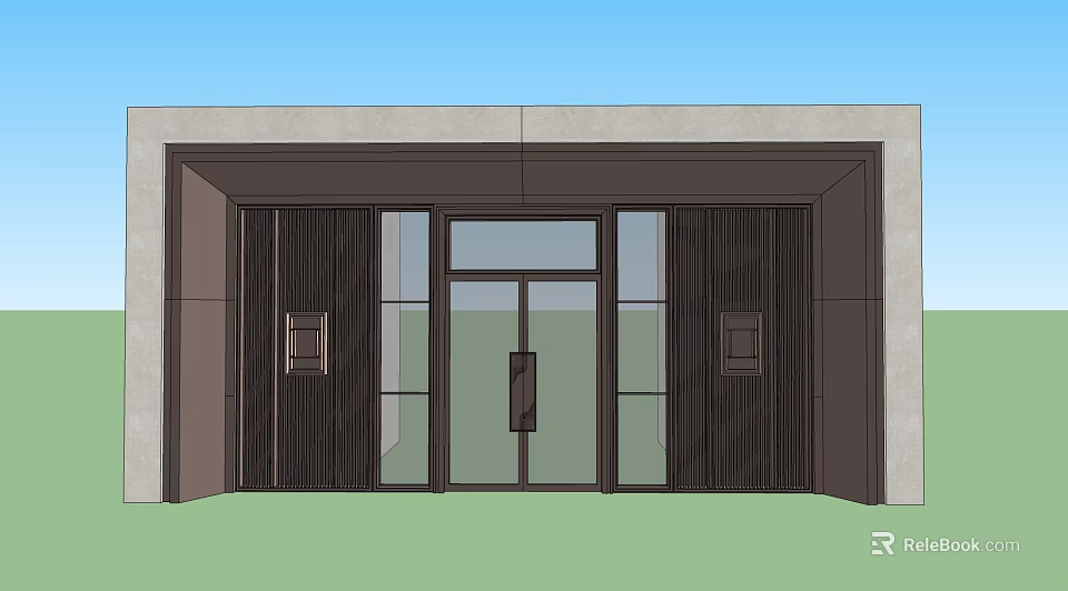 Modern Entrance Gate With Glass Door Symmetric Wooden Panels And Concrete Wall 3d model 