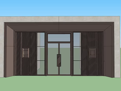 Modern Entrance Gate With Glass Door Symmetric Wooden Panels And Concrete Wall 3d model