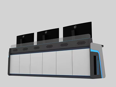 Modern Office Desk With Three Monitors And Blue Accent Storage Cabinets 3d model
